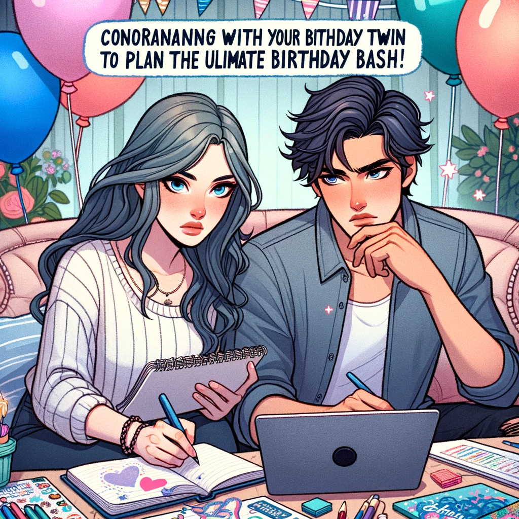 A duo sitting with a laptop and notebooks, looking seriously at party planning materials. The caption says, "Coordinating with your birthday twin to plan the ultimate birthday bash." The characters are focused and engaged, surrounded by party planning tools like a laptop, notebooks, and colorful party decorations. They are in a lively and creative setting, with a mood of excitement and anticipation for the upcoming celebration.