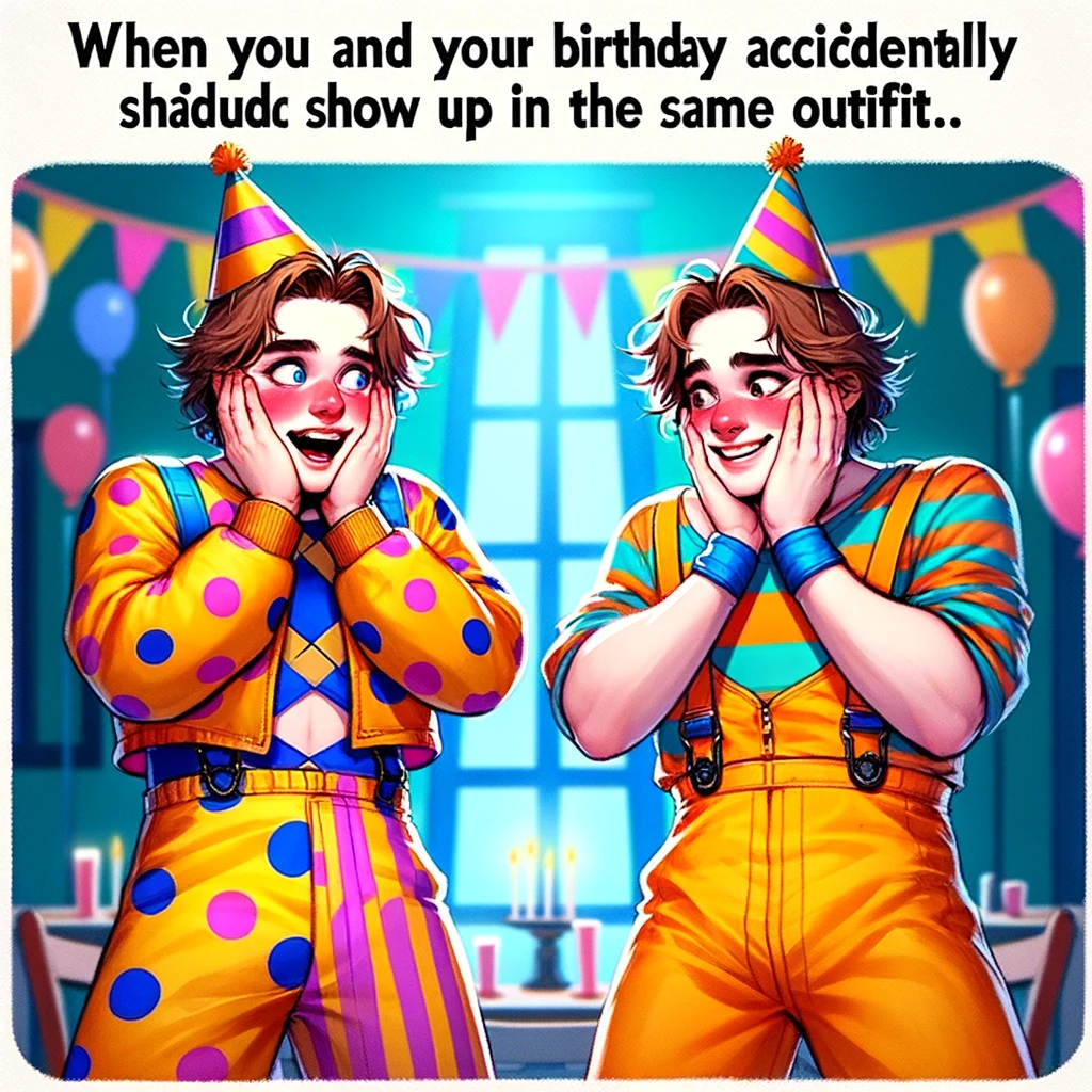 Two people dressed in identical costumes, one looking surprised and the other proud. The caption reads, "When you and your birthday twin accidentally show up in the same outfit." The characters are dressed in colorful and playful costumes, capturing the surprise and amusement of wearing the same outfit. One character is expressing shock, with hands on their cheeks, while the other is smiling proudly. The background is a festive party setting, enhancing the humorous and coincidental nature of the situation.