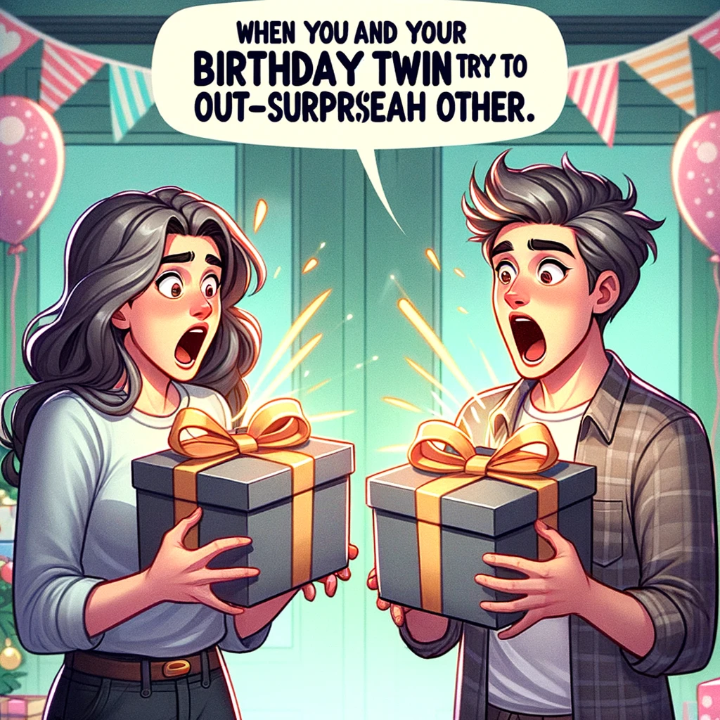 Two people surprising each other with gifts, both looking shocked. The caption says, "When you and your birthday twin try to out-surprise each other." The scene shows both characters holding gift boxes, with expressions of astonishment and joy. They are in a festive environment, with decorations and balloons in the background, highlighting the celebratory and unexpected nature of their mutual surprises.