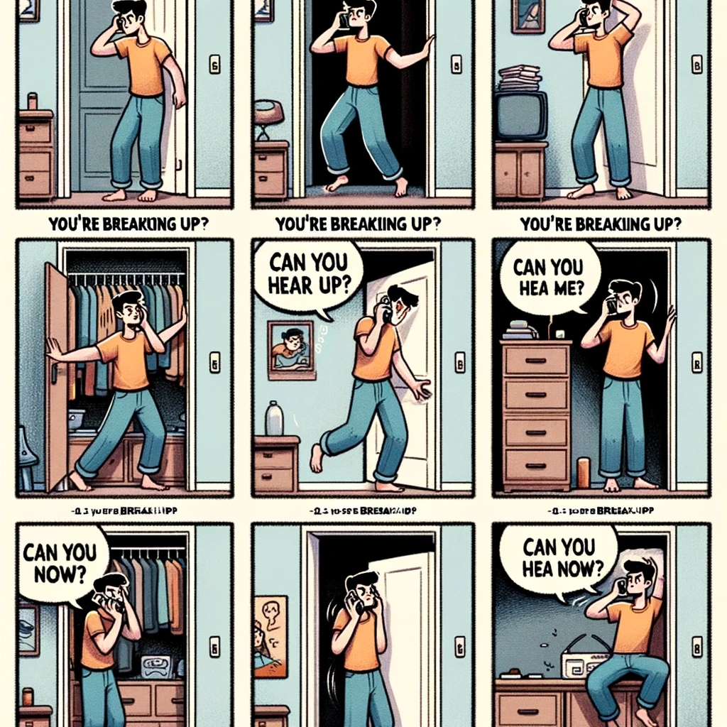 A comic strip showing a person on a phone call walking around trying to find better reception. Each panel shows them in increasingly absurd locations, like on top of a cupboard, in a closet, etc., saying, "Can you hear me now?" This sequence captures the humor of the 'You're Breaking Up' meme, emphasizing the lengths people go to for a clear phone call. The character's expressions and body language should convey their growing frustration and desperation, while the ridiculousness of their locations adds a comedic touch.