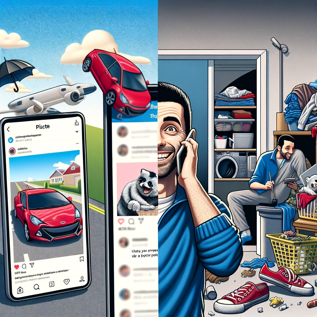 A split-screen image; on the left, a person posts a picture on social media with a caption about having a perfect day. On the right, the reality shows them in a less glamorous situation, like struggling with daily chores or work. The image should illustrate the contrast between the idealized social media portrayal and the less-than-perfect reality, highlighting the 'Social Media vs. Reality' meme. The left side should depict a polished, happy version, while the right side reveals the mundane or challenging aspects of their actual situation.
