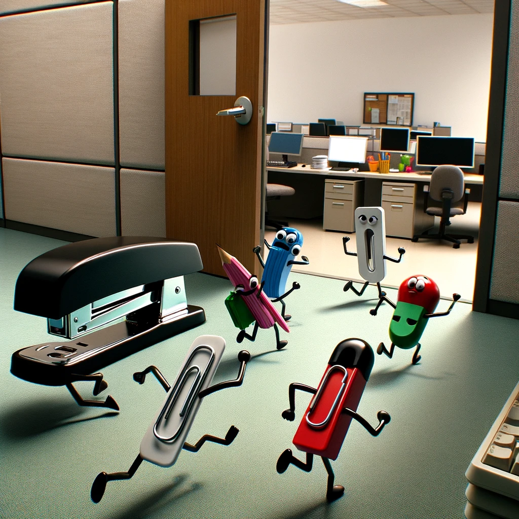 A humorous scene showing a group of animated office supplies - a stapler, pens, and paper clips - depicted as characters with little arms and legs, making a 'run' for the office door. The office environment is typical with desks and computers in the background. The stapler leads the group in a comedic 'escape' motion, while pens and paper clips follow with exaggerated expressions of excitement and freedom. At the top, a caption reads, "It's closing time, make a break for it!" The image should have a fun, light-hearted feel, capturing the essence of eager anticipation for the end of the workday.