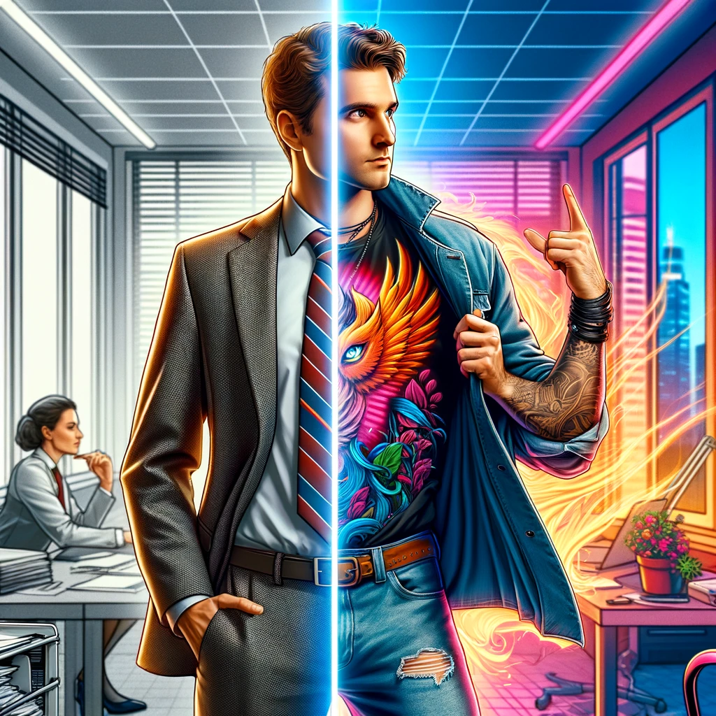 A split image showing a transformation theme. On one side, a person in business attire, poised and professional, standing in an office environment. On the other side, the same person is depicted in casual, trendy clothes, exuding a party-ready vibe, possibly in a more vibrant and colorful setting like a club or a party. The two sides of the image are creatively divided to highlight the contrast. A caption in the middle reads, "Closing time: From Office Hero to Party Legend." The image should capture the fun and excitement of switching from work mode to party mode, emphasizing the duality in a playful and humorous manner.