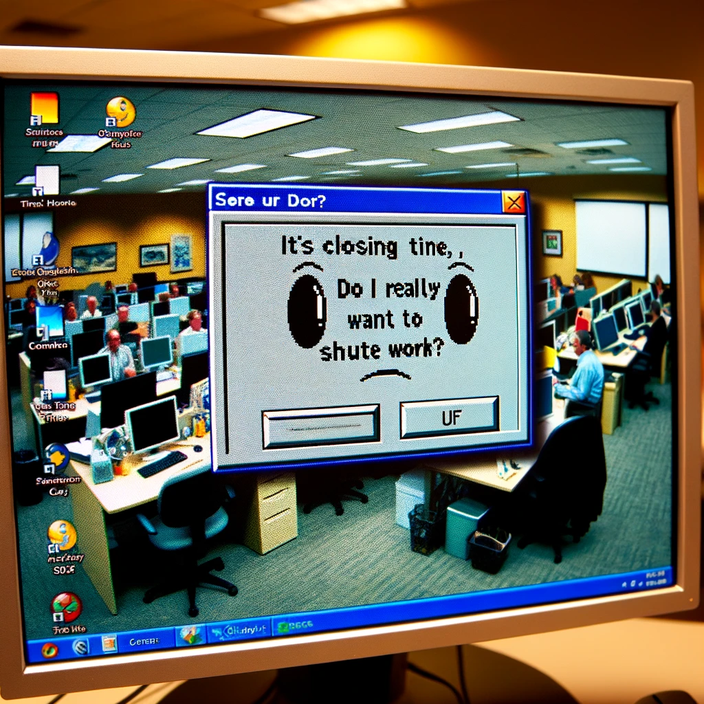 A comical image of a computer screen displaying a humorous error message. The screen shows a dialog box with the text, "It's closing time, do I really have to shut down?" in a typical computer font. The background of the computer screen should look like a typical desktop with icons, reflecting a work environment. The rest of the office is faintly visible in the screen's reflection, emphasizing the end of the workday. A caption below the computer reads, "Even the computers don't want to leave work." The image should convey a lighthearted anthropomorphism of technology, humorously suggesting that even inanimate objects might resist the end of the workday.