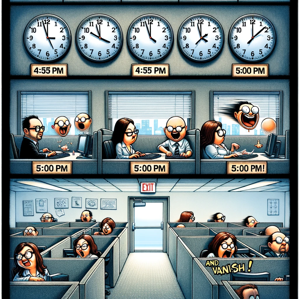 An image depicting a series of five clocks on a wall, each showing a different time from 4:55 PM to 5:00 PM. Below each clock, there are cartoon-style depictions of employees with varying expressions: starting from focused at 4:55, to increasingly excited as the time approaches 5:00. The final clock shows 5:00 PM with an empty office in the background, reflecting the instant disappearance of the employees. The image should have a humorous, exaggerated feel, capturing the growing anticipation for the end of the workday. A caption at the bottom reads, "5:00 PM - and vanish!" The overall tone should be lighthearted and playful, emphasizing the eagerness of employees to leave at closing time.