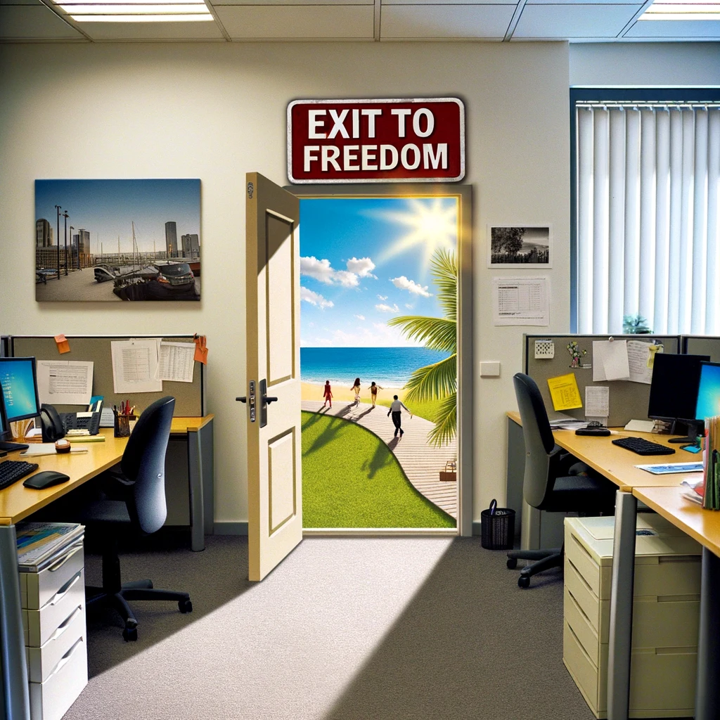 A playful image of an office door with a sign that reads 'Exit to Freedom'. The door is open, leading to a bright, inviting scene outside, possibly depicting the start of a weekend adventure or a relaxing setting. The office environment around the door is typical, with desks, chairs, and perhaps a few office plants, contrasting the mundane indoors with the enticing outdoors. A caption at the bottom of the image says, "This isn't just a door, it's the gateway to the weekend." The image should capture the joy and relief of leaving the office at the end of the week, with a humorous and lighthearted touch.