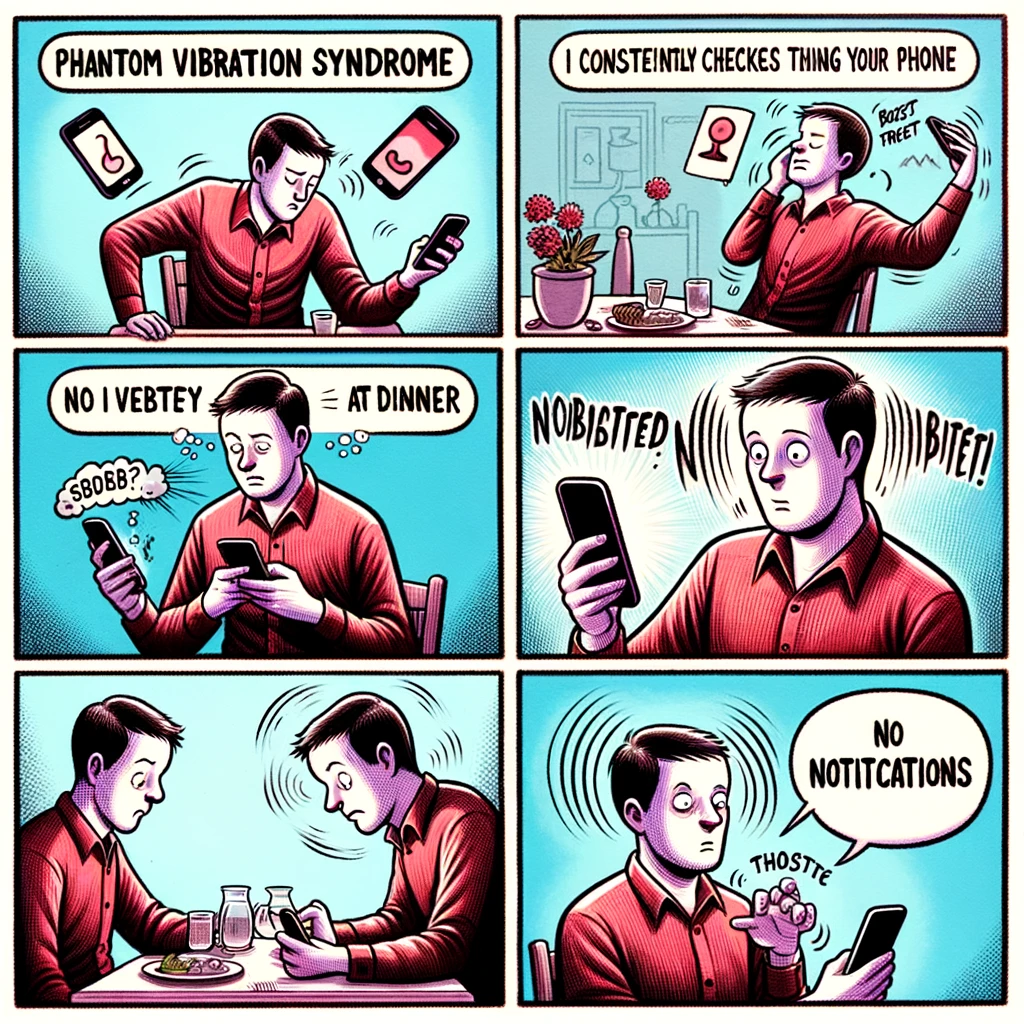 A person constantly checks their phone thinking it vibrated, shown in various settings like at dinner, in a meeting, etc. The last panel reveals no notifications, just a puzzled and slightly embarrassed expression. The image should capture the 'Phantom Vibration Syndrome' meme, showing the person in different environments, each time reaching for their phone with anticipation. The final panel's reveal of no notifications emphasizes the comedic and relatable aspect of mistakenly feeling a phone vibrate.