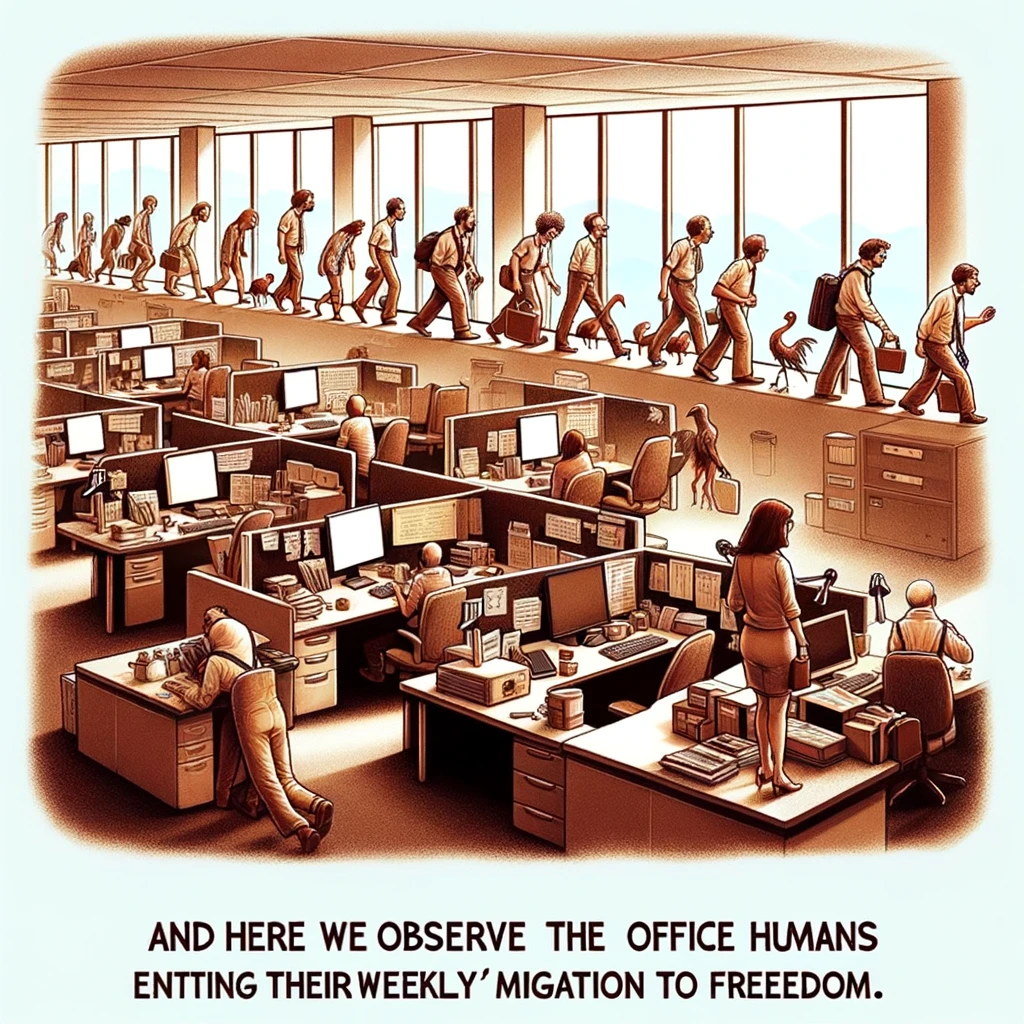 A humorous depiction of an office environment in the style of a nature documentary. Cartoon-style employees are shown slowly standing up from their desks, gathering their belongings, and preparing to leave. The scene should resemble a nature documentary, with employees portrayed as a species in their natural habitat, engaging in a ritualistic 'migration'. The office setting is typical, with desks, computers, and office decor. The caption at the bottom reads like a documentary script, "And here we observe the office humans embarking on their weekly migration to freedom." The image should have a playful, satirical tone, subtly mocking the routine of office life.