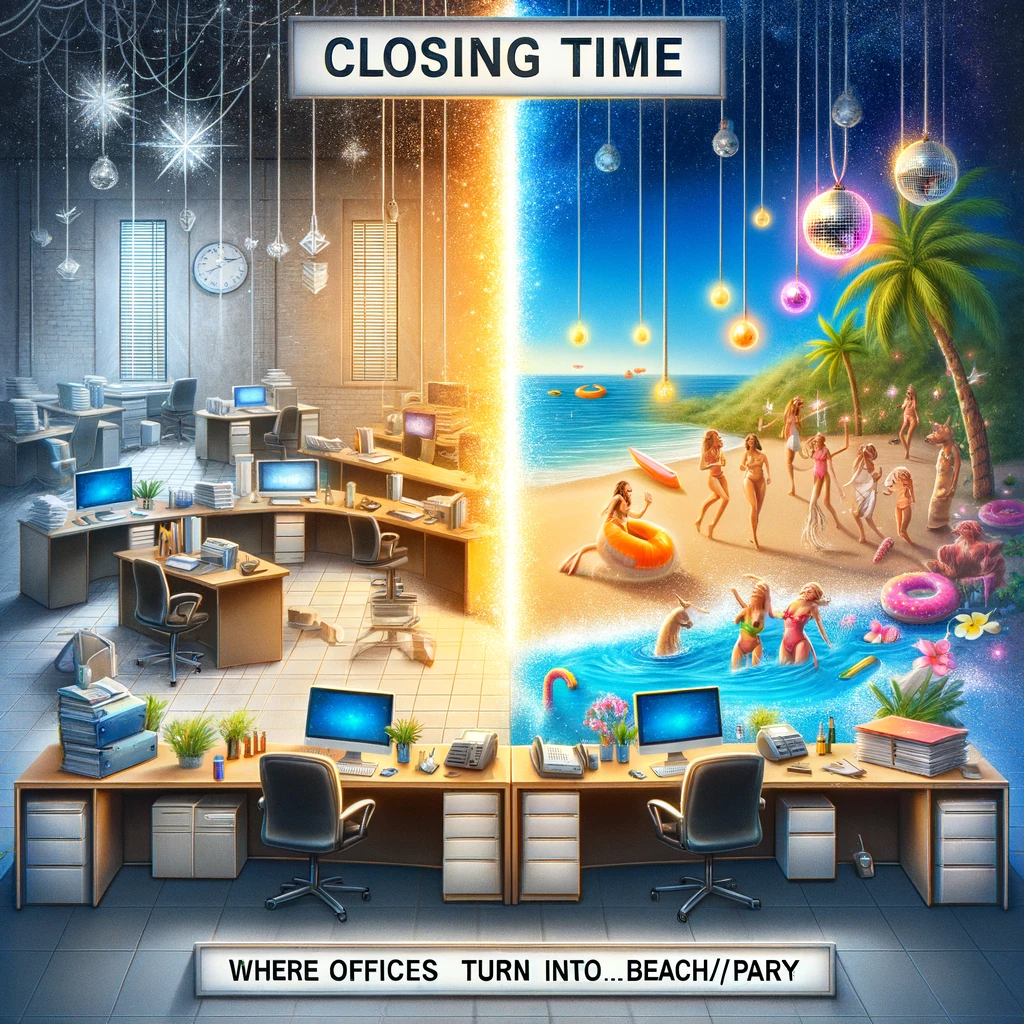 A magical and whimsical image depicting an office transforming into a lively party scene or a beach as the clock strikes closing time. The office elements like desks, computers, and chairs should gradually blend into elements of a party or beach scene, such as a dance floor, disco lights, palm trees, or beach umbrellas. The transformation should be visually striking, emphasizing the contrast between the mundane office setting and the exciting leisure environment. A caption at the bottom reads, "Closing time - where offices turn into [beach/party]." The image should convey a sense of escapism and the joy of transitioning from work to leisure, with a humorous and imaginative touch.