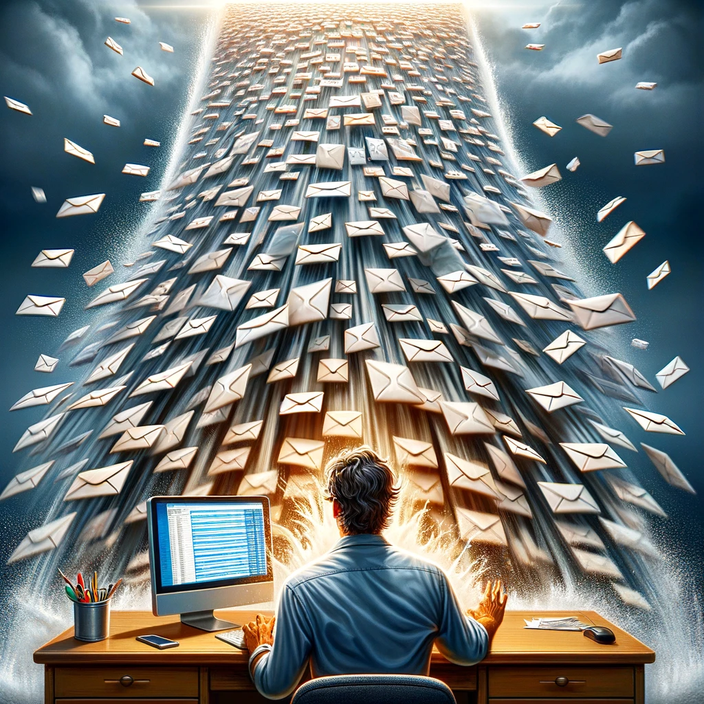 An image of an employee opening an email at 4:59 PM, with a dramatic flood of new emails pouring out of the computer screen like a waterfall. The employee's face shows surprise and mild panic. The scene is exaggerated to convey the overwhelming feeling of receiving a flood of emails just before closing time. The caption at the bottom reads, 'Just when you thought it was safe to close your laptop…'.