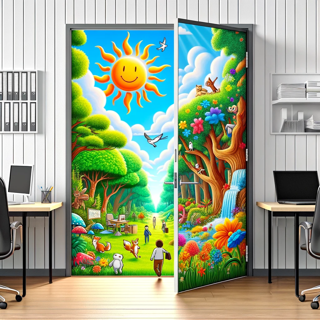 An image depicting an office door opening to reveal a bright, cartoonish outdoor scene, bursting with vibrant colors and elements of nature like lush trees, a sunny sky, and playful animals. The outdoor scene is inviting and contrasts sharply with the dull, monochrome interior of the office. This visual metaphor highlights the freedom and joy of stepping out into nature after a long day at work. The caption at the bottom reads, 'The wild awaits at 5:00 PM!'.