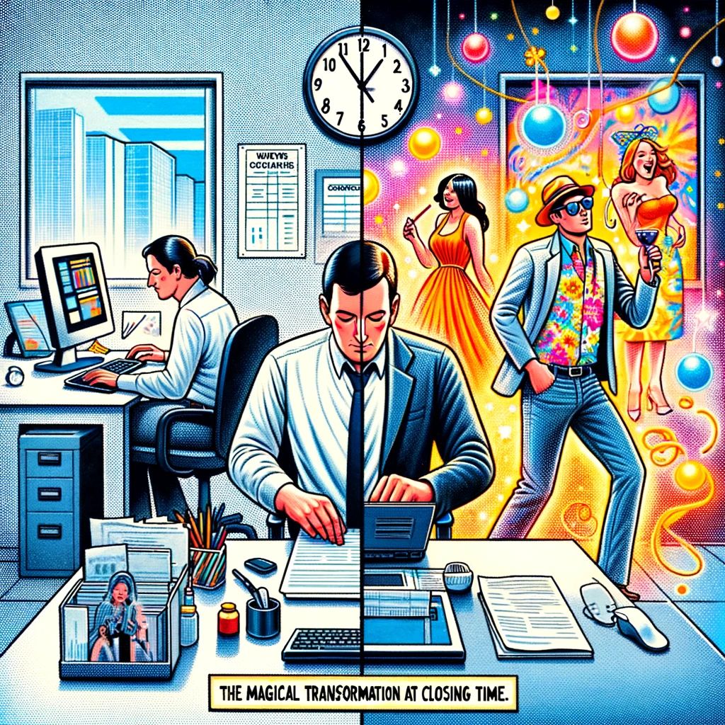 An image depicting an employee in a typical office setting, divided into two halves. The first half shows the employee focused on work, with a clock in the background. As the clock strikes closing time, the second half of the image transforms: the employee switches to party mode, changing into festive attire, with the background becoming colorful and lively, resembling a party scene. This illustrates the fun and excitement of transitioning from work to leisure. The caption at the bottom reads, 'The magical transformation at closing time.'