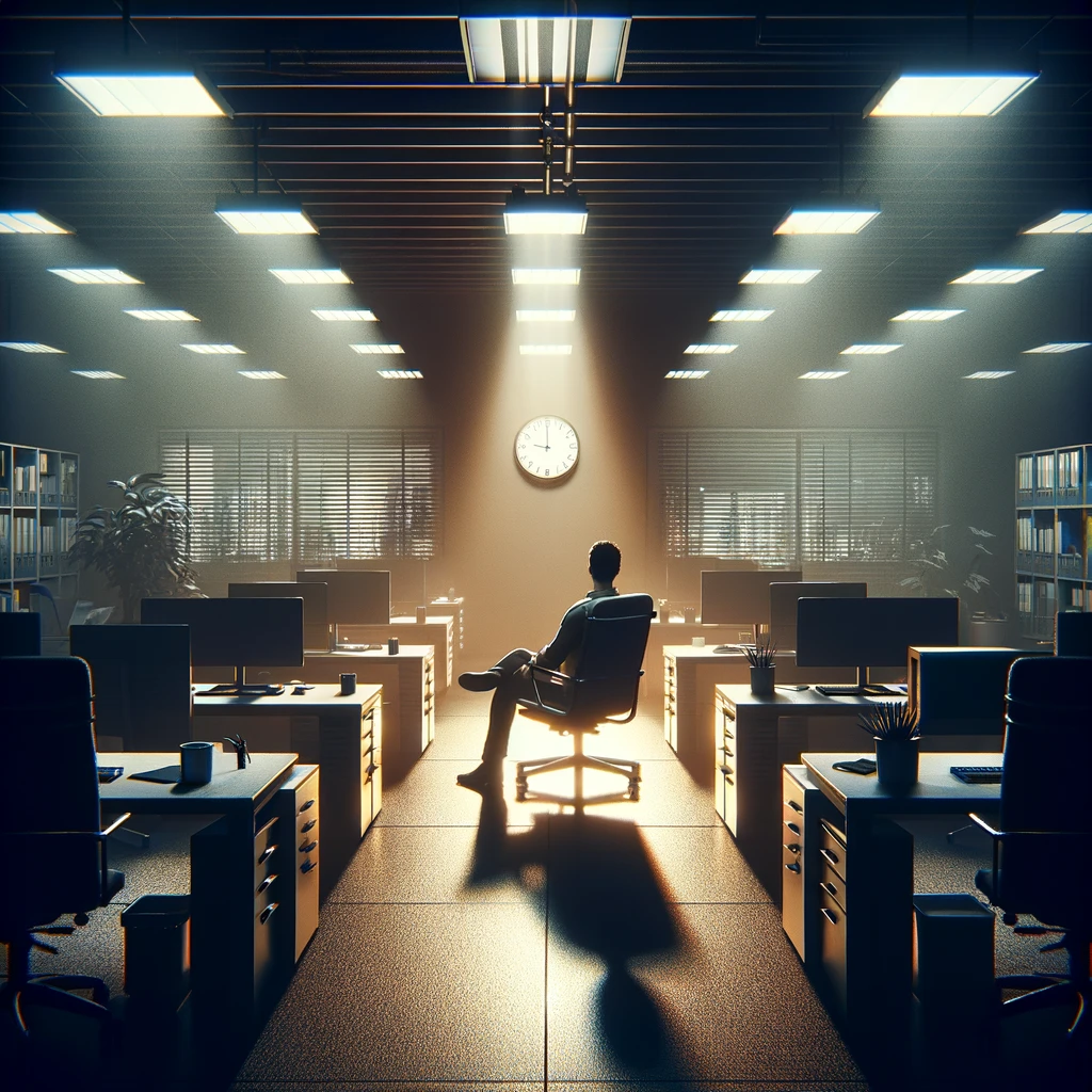 An image featuring a single employee sitting in an otherwise empty office, surrounded by vacant desks and chairs, casting long shadows in the dim lighting. The employee looks at a clock on the wall, indicating it's just past closing time. The atmosphere conveys a sense of solitude and eeriness, reminiscent of a zombie movie set. This visual captures the feeling of being the last one in the office, alone in an otherwise bustling environment. The caption at the bottom reads, 'When you're the last one out and the office feels like a zombie movie set.'