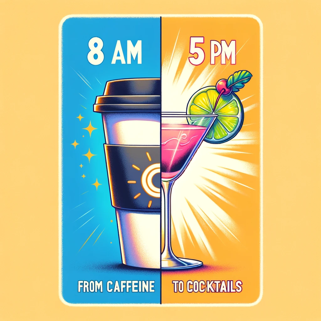 An image split in half. The left side shows a coffee cup labeled '8 AM', representing the start of the workday, with a more subdued and professional tone. The right side features a cocktail, symbolizing relaxation and leisure, labeled '5 PM', depicted in a more vibrant and festive manner. This visual metaphor contrasts the morning work routine with the evening relaxation. The caption at the bottom reads, 'Closing time: from caffeine to cocktails.'