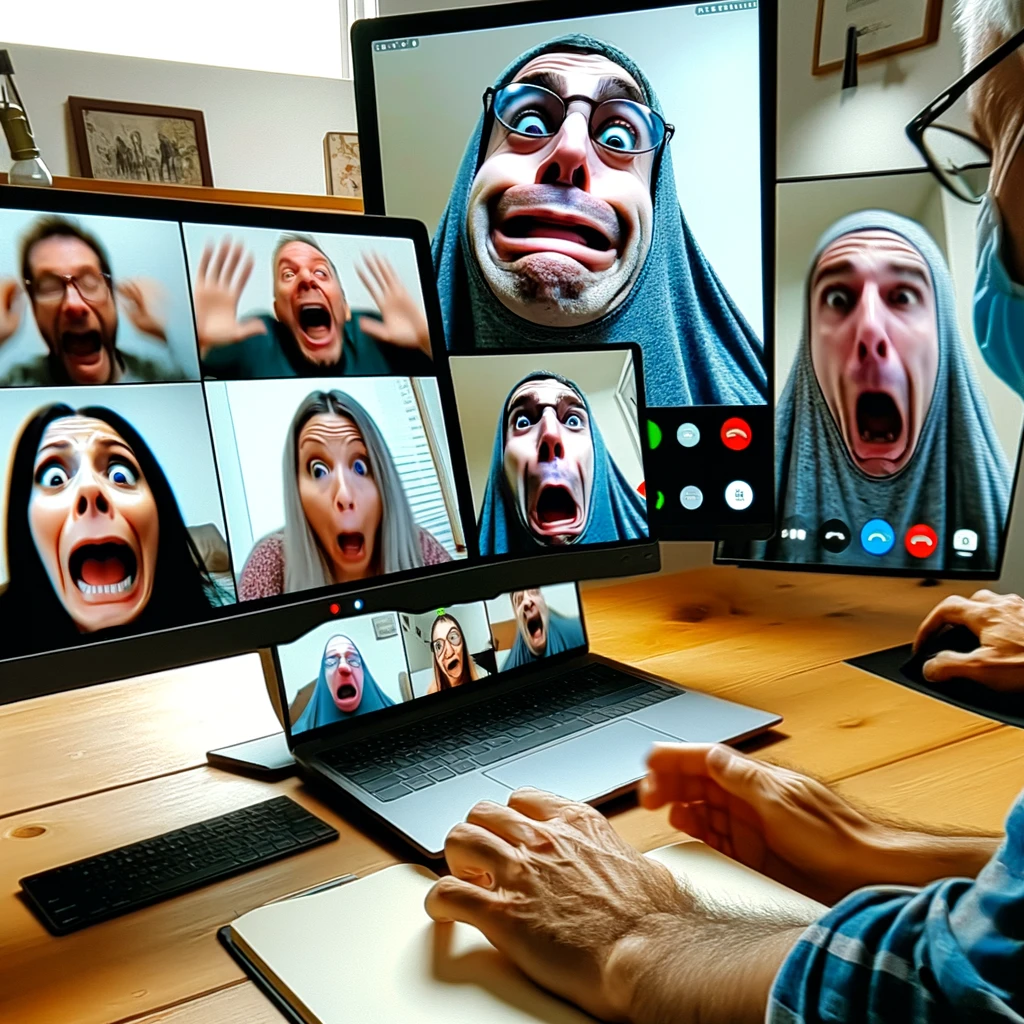 During a video call, a person's screen freezes while they're making a funny face. The other participants' screens show them trying to hold back laughter, while the person with the frozen screen is oblivious. The image should capture the moment of the freeze, showing the funny face in detail, with the other participants' screens displaying a mix of amusement and surprise. This scene embodies the 'Screen Freeze Panic' meme, emphasizing the awkward and humorous moments that can occur during virtual meetings.