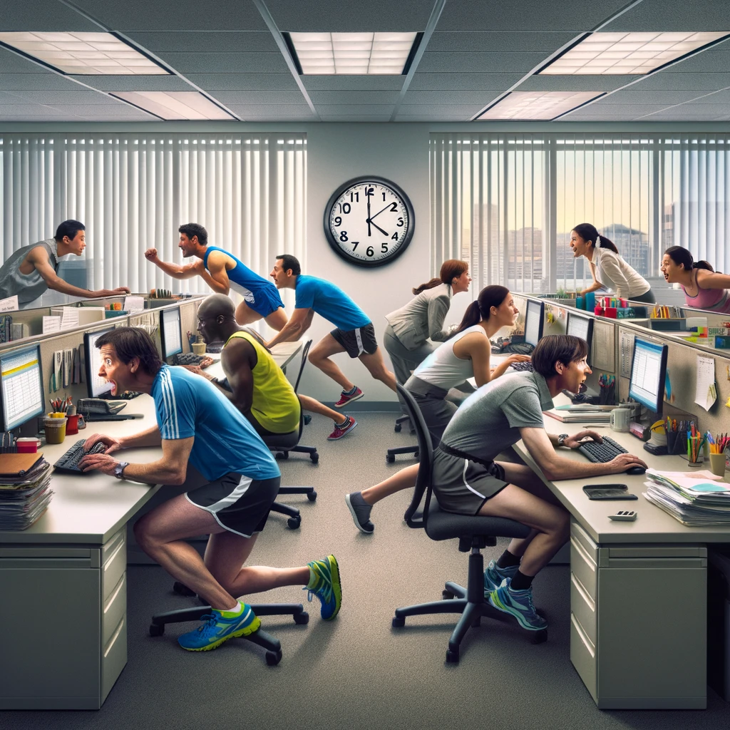 An image showing employees at their desks dressed in running gear, poised as if at the start of a race, eagerly looking at a clock on the wall. The office setting is typical, but the attire and expressions of the employees add a humorous and energetic touch, conveying anticipation and excitement for the end of the workday. This visual metaphor captures the eagerness to leave work and start the weekend. The caption at the bottom reads, 'The 5 PM sprint, every runner's favorite race.'