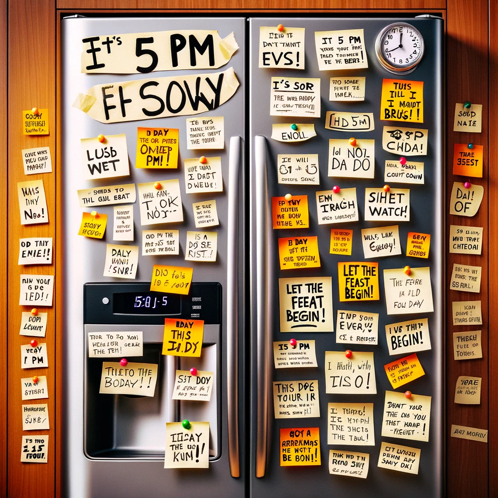 An image featuring an office fridge with a countdown written on it using notes or stickers. Each note represents an hour closer to closing time, with each message more exciting than the last. The progression of the countdown is visually engaging, building up the anticipation for the end of the workday. The final note prominently displayed on the fridge reads, 'It's 5 PM - Let the feast begin!', symbolizing the joy and relaxation that comes with the end of the workday. This visual metaphor captures the collective excitement for the weekend.