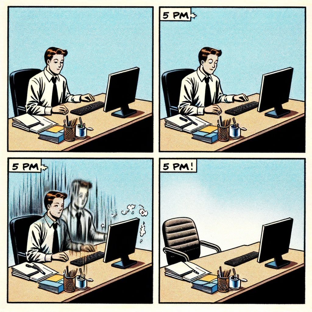 A comic-style sequence of four images depicting a worker at their desk gradually disappearing like a magician's trick. The first image shows the worker fully present, the second shows them partially faded, the third even more faded, and the fourth shows just an empty chair with a small puff of smoke. The caption at the bottom reads: "5 PM: Now you see me, now you don't!". The scene is set in a typical office environment with a desk, computer, and office supplies.