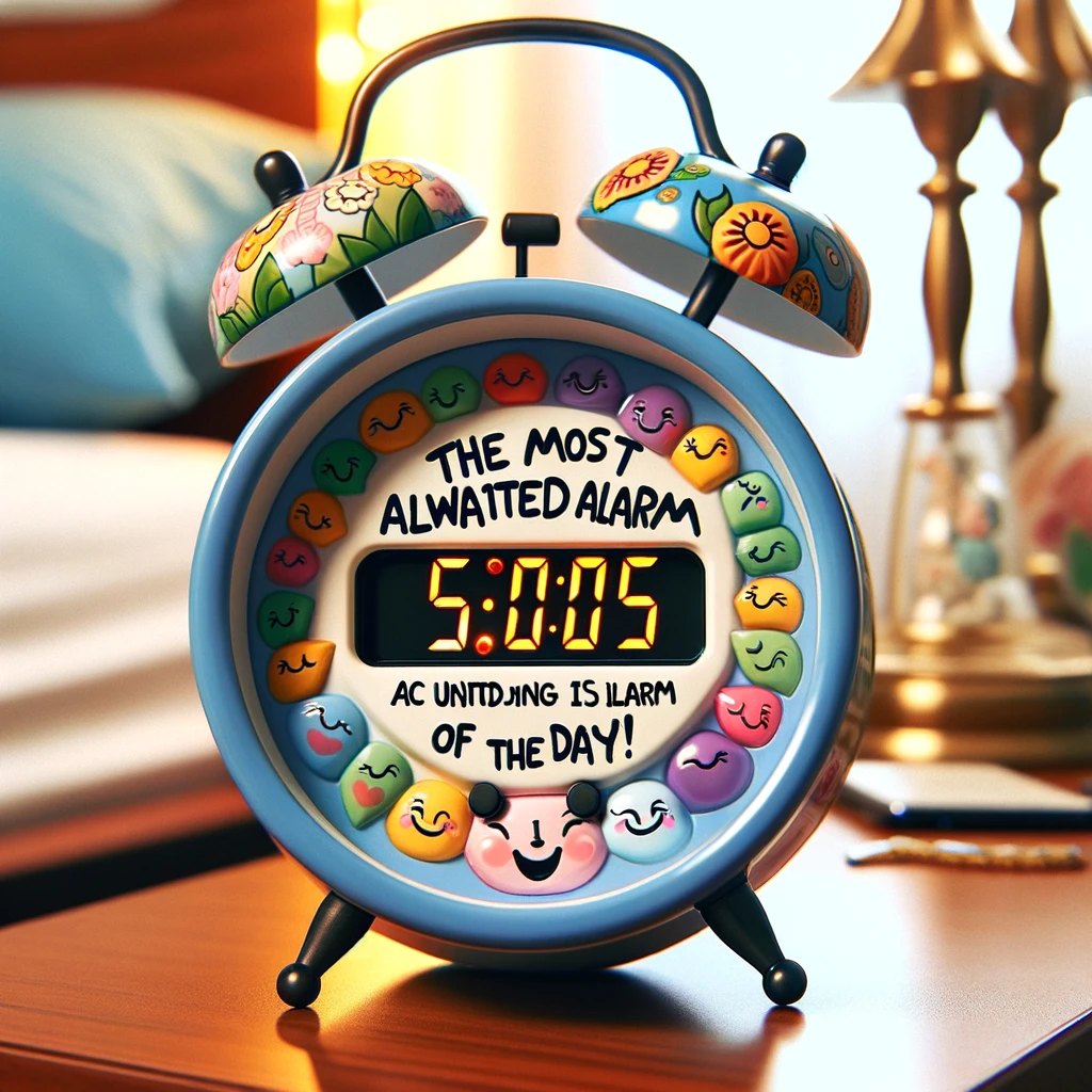 An image of a whimsical alarm clock with a unique feature: instead of displaying the usual time, it shows a countdown timer to 5:00 PM. The clock has a joyful and colorful design, making it stand out as a fun and quirky object. It sits on a bedside table, with a background suggesting a home setting. The caption on the image reads: "The most awaited alarm of the day!" This emphasizes the excitement for the end of the workday.