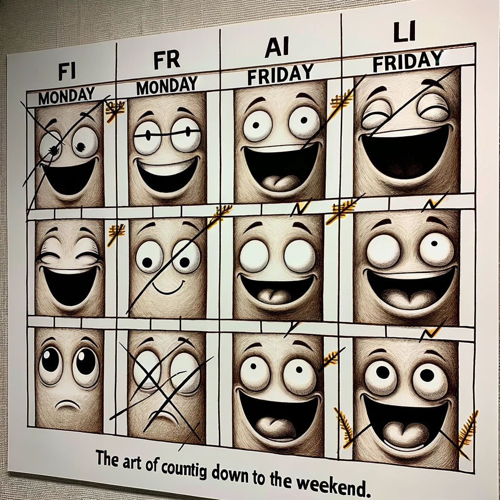 An image depicting a calendar with days crossed out leading to Friday. Each day on the calendar has a different facial expression drawn on it, starting from a neutral face on Monday, gradually becoming more excited as the days progress towards Friday. The most excited face is drawn on Friday, indicating the arrival of the weekend. The calendar is on a wall in an office or home environment. The caption at the bottom reads: "The art of counting down to the weekend." This reflects the growing excitement for the weekend.