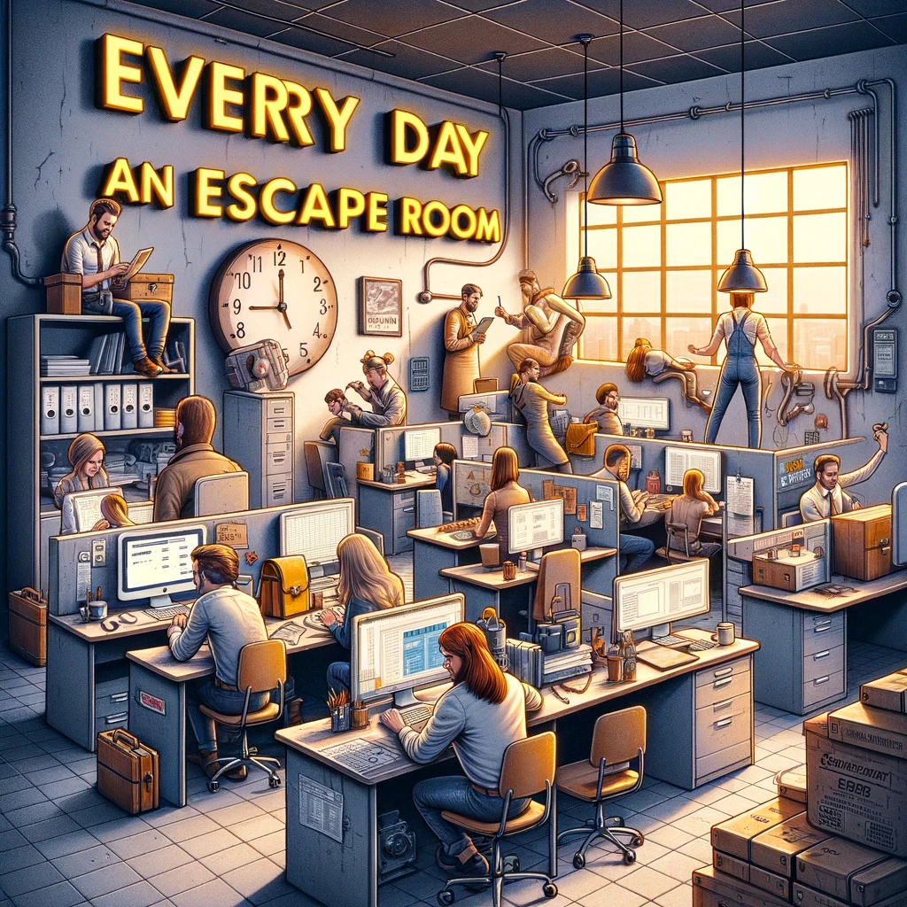 An imaginative image showing employees in an office setting, depicted as if they're in an escape room. The office is creatively transformed into an escape room environment, with employees gathered around desks that look like puzzle stations, intensely focusing on solving tasks. There's a large clock on the wall counting down to 5 PM, adding to the sense of urgency. The atmosphere is a mix of concentration and excitement. The caption reads: "Every day is an escape room adventure," humorously comparing the daily work tasks to solving puzzles in an escape room.