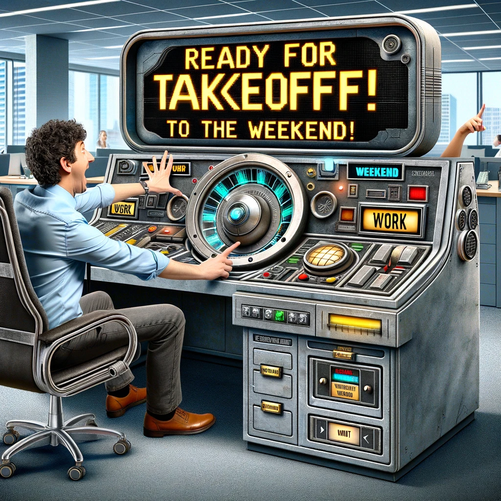 An image of a worker sitting at a desk which is creatively designed to resemble a time machine control panel. The desk has various futuristic buttons, levers, and screens, one of which is prominently labeled with settings from 'Work' to 'Weekend'. The worker appears excited and is reaching towards the lever set to 'Weekend'. The office background blends seamlessly with elements suggesting a sci-fi time travel theme. The caption at the bottom reads: "Ready for takeoff to the weekend!" emphasizing the anticipation for the weekend in a humorous, sci-fi inspired way.