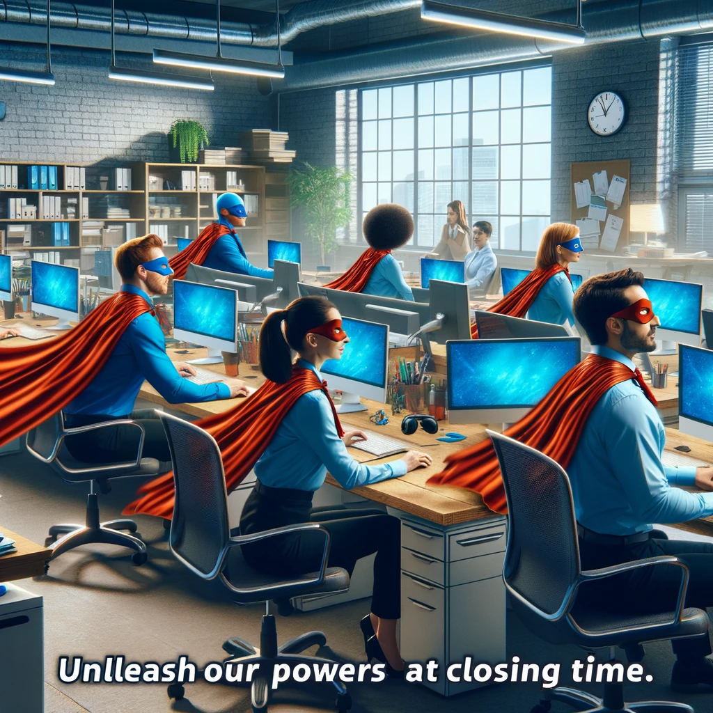 An imaginative image showing employees at their desks in an office, but with a twist: each employee is depicted as a superhero, complete with capes and masks. They are seated, looking ready to leap into action, with a sense of anticipation and excitement. The office setting includes typical elements like computers, desks, and office supplies, but the employees' superhero attire adds an element of fantasy and empowerment. The caption reads: "Unleashing our true powers at closing time," symbolizing the transformation from office worker to superhero at the end of the workday.