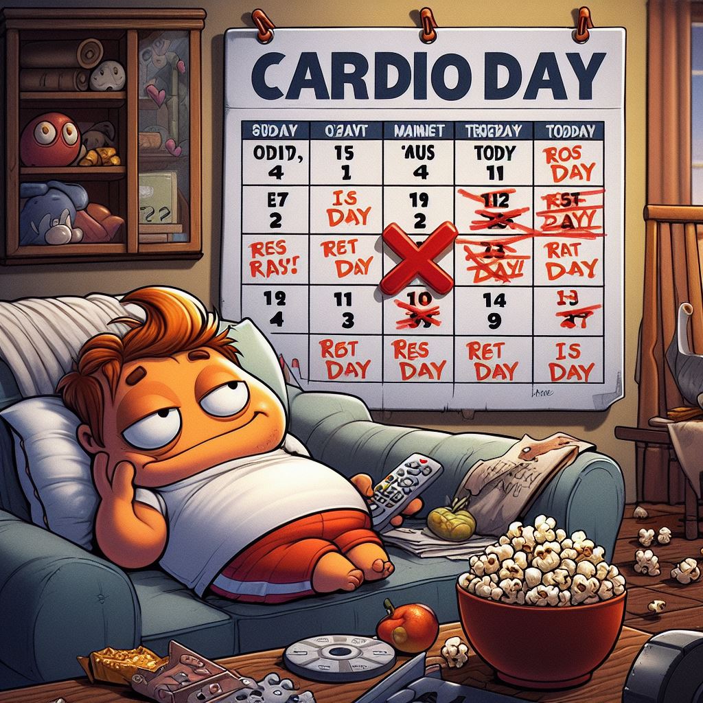 A calendar with every day marked as 'Cardio Day', except for a big red X on today. Caption: 'Somehow, today is always my rest day.' A funny cartoon character is lying on the couch with a remote control and a bowl of popcorn, looking guilty and lazy. The background is a messy living room with a treadmill covered in dust and clothes.