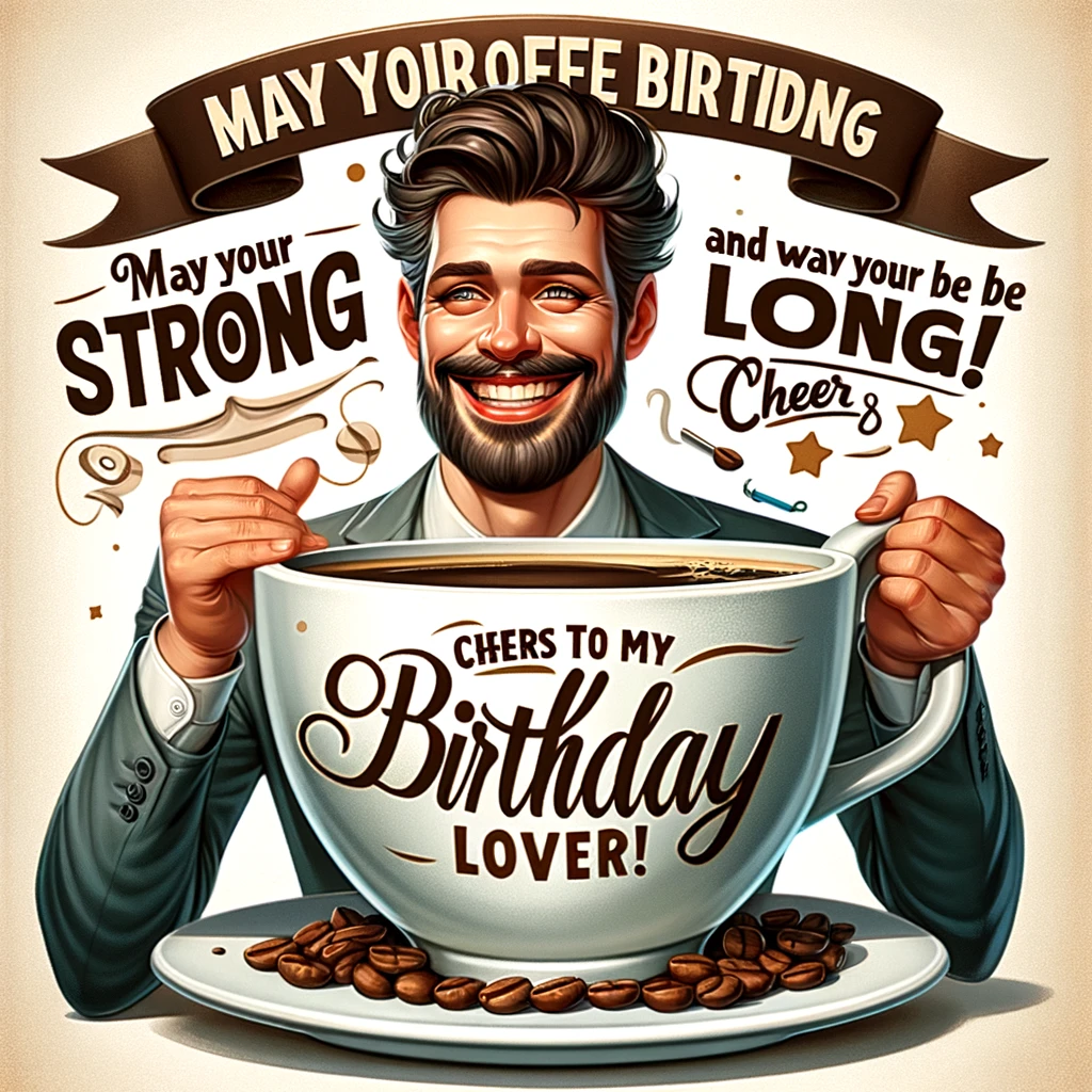 An image showing a man with a big smile, holding a giant cup of coffee. The caption reads, "May your coffee be strong and your birthday be long. Cheers to my coffee lover!"