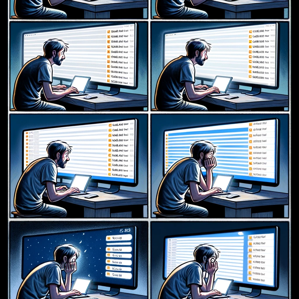 A person obsessively checks their email after sending something important, shown in a series of panels throughout the day. As night falls, they're still staring at the screen, growing more anxious with each passing hour. The image should capture the escalating anxiety of the 'Silent Email Anxiety' meme, illustrating the person's increasing fixation on their inbox. The progression from day to night in the background should symbolize the passage of time, highlighting their growing obsession and worry over the lack of response.