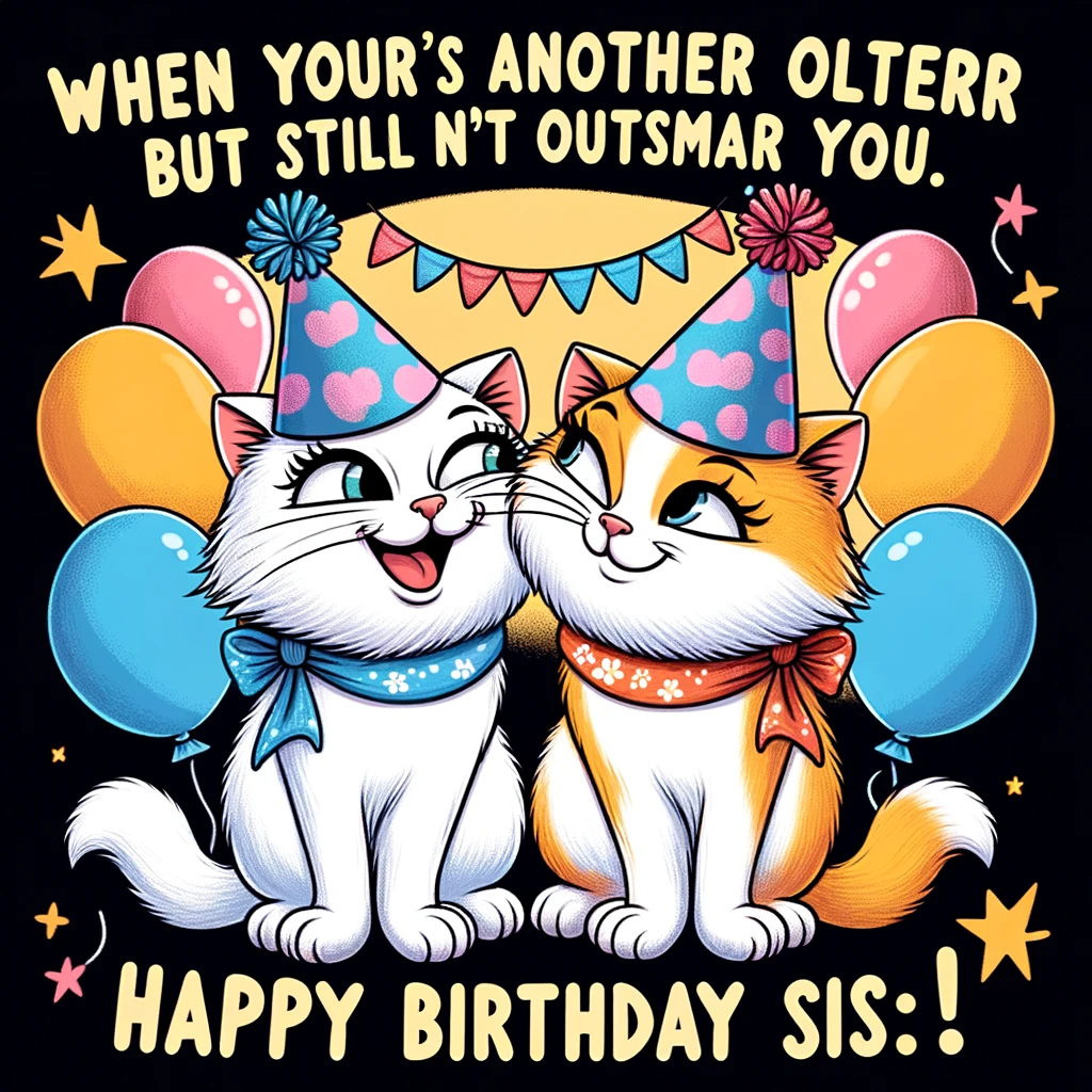 Image of two cartoon cats wearing party hats. One cat is whispering into the other cat's ear with a mischievous smile. The cats are in a celebratory setting with balloons and streamers. The caption says, "When your sister's another year older but still can't outsmart you. Happy Birthday Sis!" The style is colorful and playful, suitable for a birthday meme.