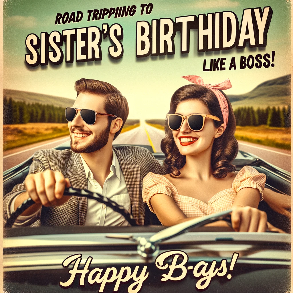 Retro-style image of a brother and sister in a vintage car, both wearing sunglasses and smiling. They're on a sunny road surrounded by scenery suggestive of a road trip. The car is stylish and indicative of a bygone era. The caption reads, "Road tripping to Sister's Birthday like a boss. Happy B-Day, Sis!" The image has a warm, nostalgic feel, perfect for a birthday meme.