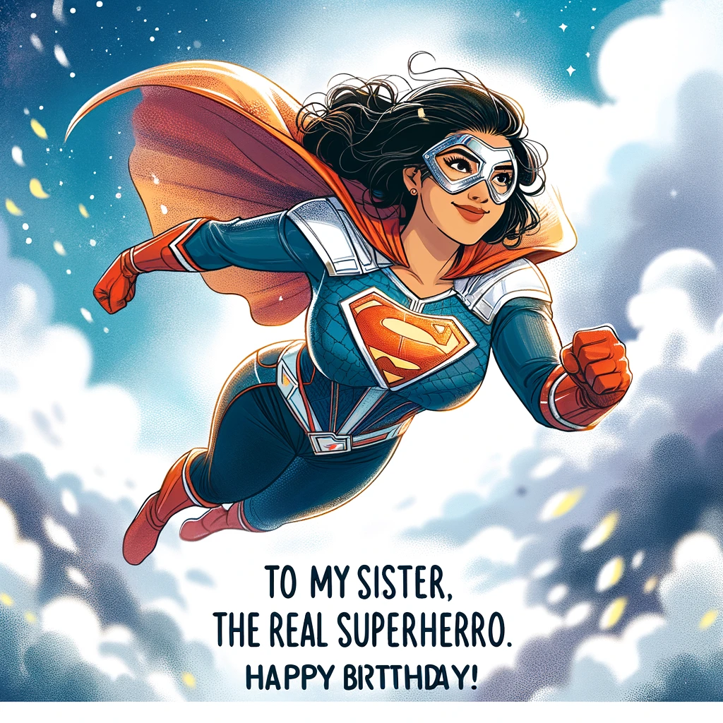 An illustration of a female superhero flying through the sky. She wears a superhero costume with a cape that has 'Sister' written on it. The superhero looks confident and powerful, soaring among clouds. The caption says, "To my sister, the real superhero. Happy Birthday!" The image is vibrant and inspiring, capturing the essence of a superhero character for a birthday meme.