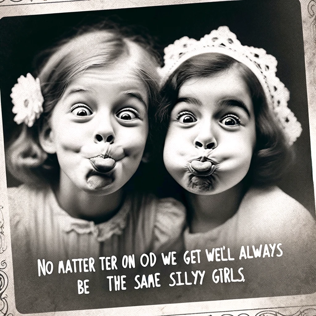 A black-and-white photo of two young girls (sisters) making funny faces at the camera. They appear to be in a playful and happy mood, capturing a moment of childhood innocence and joy. The style mimics that of an old-fashioned photograph, with a vintage feel. The caption reads, "No matter how old we get, we'll always be the same silly girls. Happy Birthday, Sister!" This image is meant to evoke nostalgia and laughter for a birthday meme.