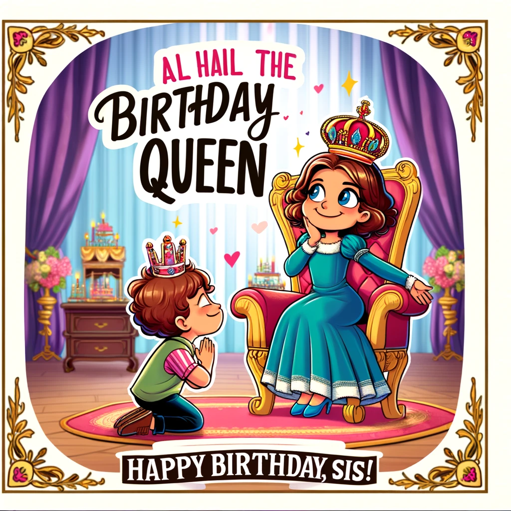 A cartoon of a sister sitting on a throne with a crown, while her sibling bows. The setting is regal, with luxurious decorations around the throne. The sister on the throne has a playful, majestic demeanor, and the other sibling shows a humorous gesture of respect. The caption states, "All hail the Birthday Queen! Happy Birthday, Sis!" The image is colorful and whimsical, ideal for a celebratory birthday meme.
