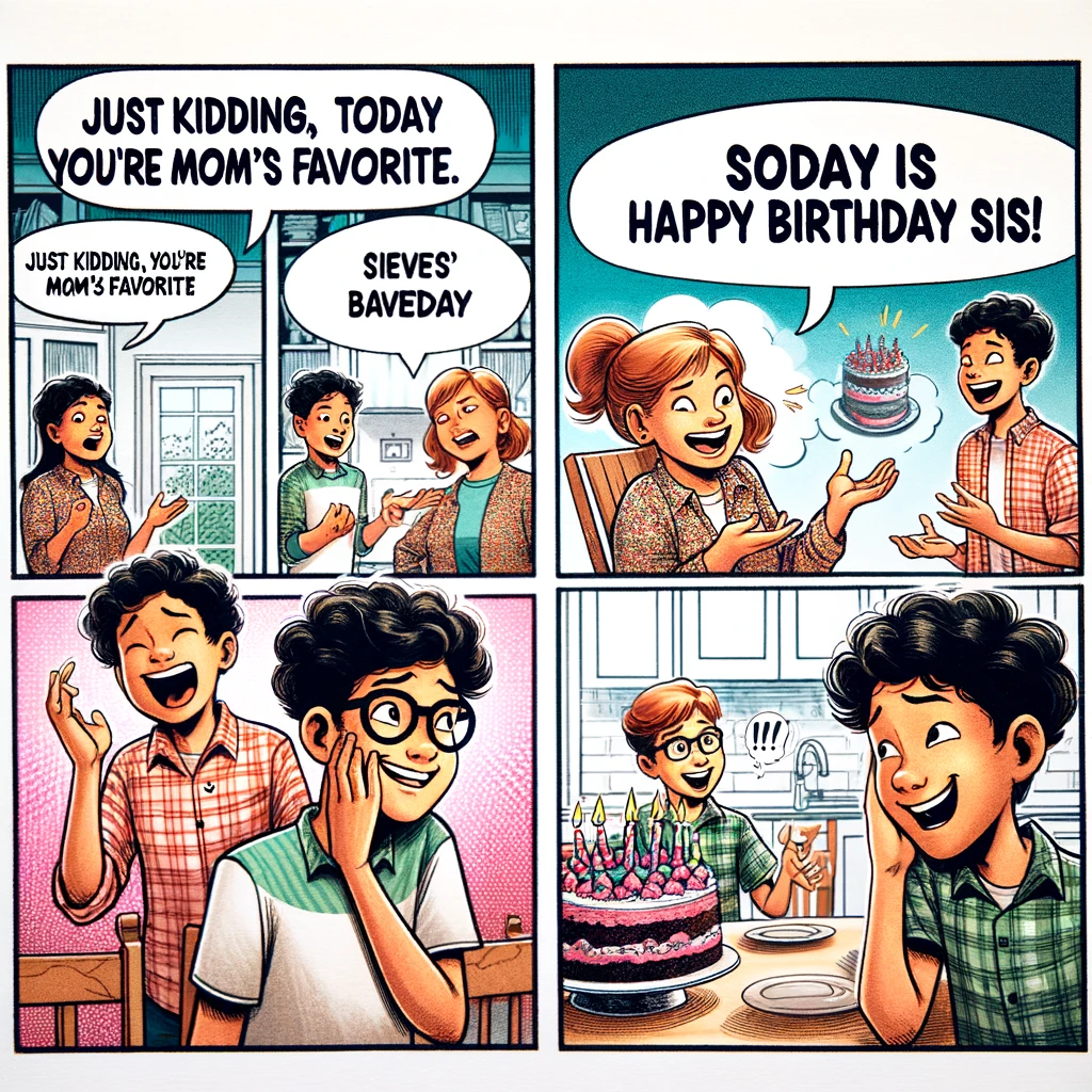 A comic strip showing two siblings playfully arguing over who is Mom's favorite. The comic includes speech bubbles and expressive characters in a domestic setting. The final panel reveals a birthday cake with the caption, "Just kidding, today you're Mom's favorite. Happy Birthday Sis!" The style is humorous and light-hearted, with a touch of sibling rivalry, perfect for a birthday meme.