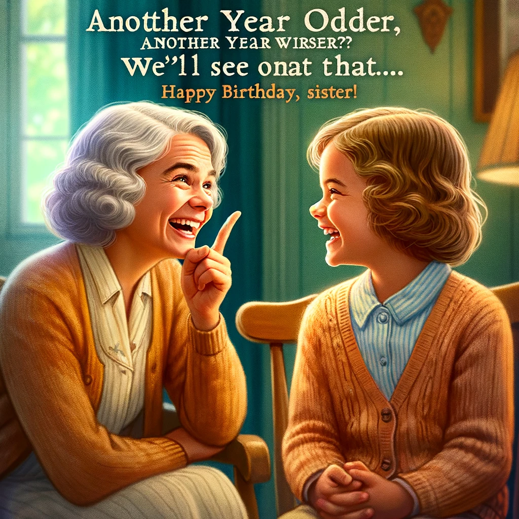 A picture of an older sister giving advice to a younger one, both laughing. They are in a cozy, homely environment, depicting a moment of shared joy and wisdom. The older sister appears confident and caring, while the younger one looks up to her with admiration. The caption says, "Another year older, another year wiser? We'll see about that... Happy Birthday, Sister!" The image has a warm and affectionate tone, perfect for a birthday meme.