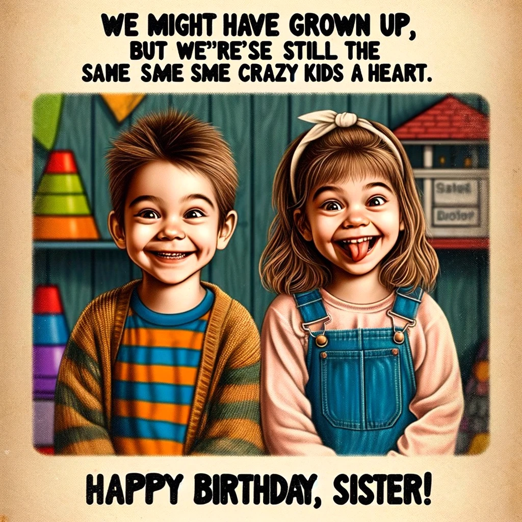 A cute throwback photo of two siblings as kids, with a humorous comparison to their current selves. The image shows them in a nostalgic setting, perhaps a playground or backyard, embodying childhood joy and mischief. The caption reads, "We might have grown up, but we're still the same crazy kids at heart. Happy Birthday, Sister!" The style is reminiscent of a childhood photo, with a warm, cheerful vibe, suitable for a birthday meme.