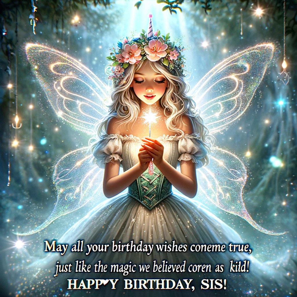 An enchanting image of a sister dressed as a fairy granting a wish. The setting is magical, with sparkling lights and ethereal surroundings. The sister fairy is depicted with wings and a wand, creating an aura of magic. The caption reads, "May all your birthday wishes come true, just like the magic we believed in as kids. Happy Birthday, Sis!" The image is whimsical and dreamy, perfectly capturing the essence of a magical birthday wish for a meme.