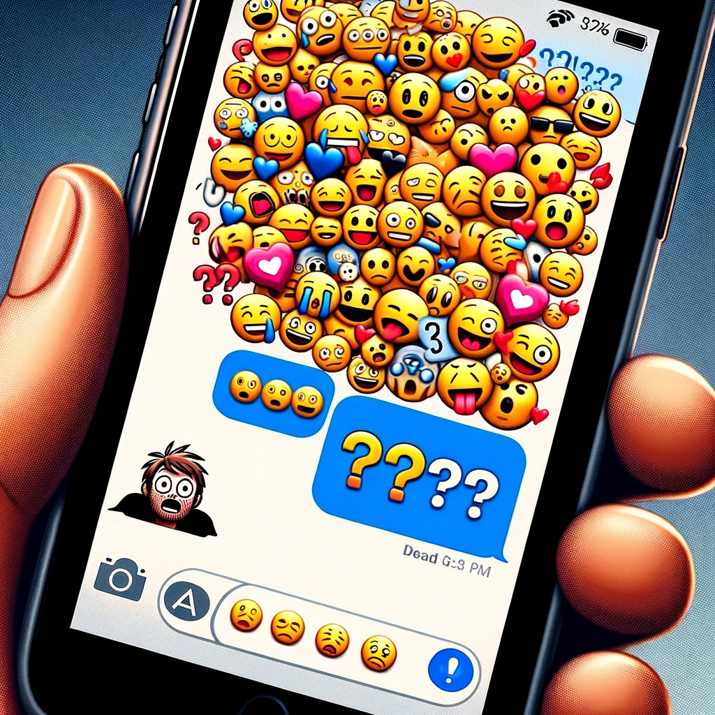 A text conversation where one person uses an excessive number of emojis in every message, making it hard to understand the actual content. The other person responds with a single question mark, highlighting the confusion. The image should depict a smartphone screen showing this text exchange, emphasizing the overwhelming clutter of emojis from one side and the simple, perplexed response from the other. This visualizes the 'Overzealous Emoji User' meme, capturing the humor and confusion caused by an overabundance of emojis in digital communication.
