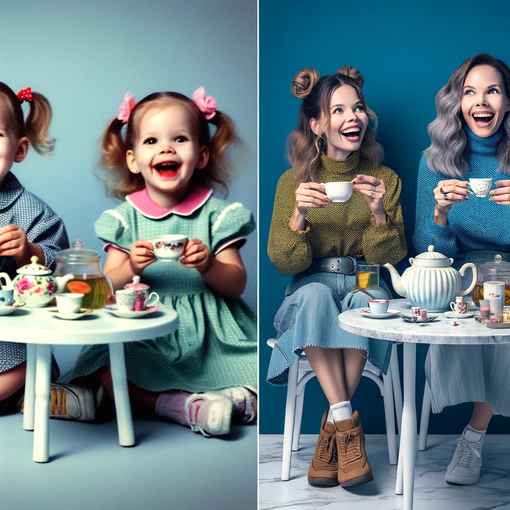 A split image meme. On the left side, two young sisters having a tea party, sitting on the floor with a small tea set, dressed in playful, colorful clothes. They are laughing and holding tiny tea cups. On the right side, the same sisters as adults, sitting at a table with a real tea set, mimicking the same pose and expressions. They are smiling and enjoying tea, dressed in casual, modern clothes. The overall atmosphere is joyful and nostalgic. Caption at the bottom: 'Some things never change. Happy Birthday to my forever tea party partner!'