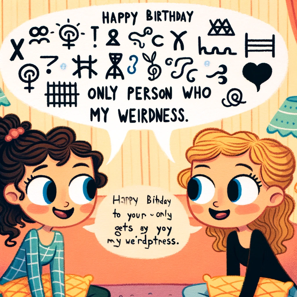 A cartoon of two sisters speaking in a 'secret language' with speech bubbles filled with funny symbols and squiggles. They both have expressions of joy and understanding. The background is cozy and colorful, emphasizing a close and happy relationship. A caption at the bottom reads, "Happy Birthday to the only person who gets my weirdness."