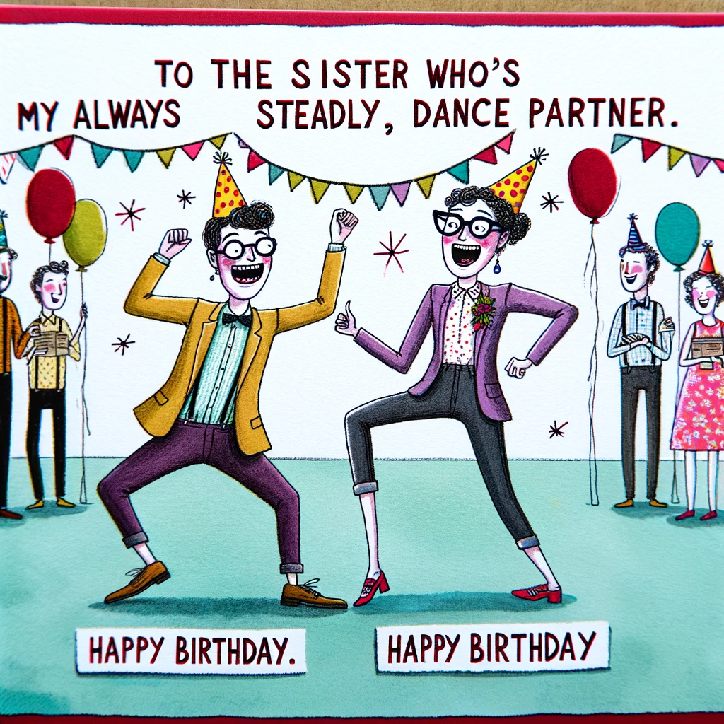A comical illustration of two sisters dancing awkwardly at a party. They are shown with exaggerated dance moves, wearing party hats and having a great time. The background is a festive party scene with balloons and streamers. Include a humorous caption at the bottom reading, "To the sister who's my always ready, never steady, dance partner. Happy Birthday!"