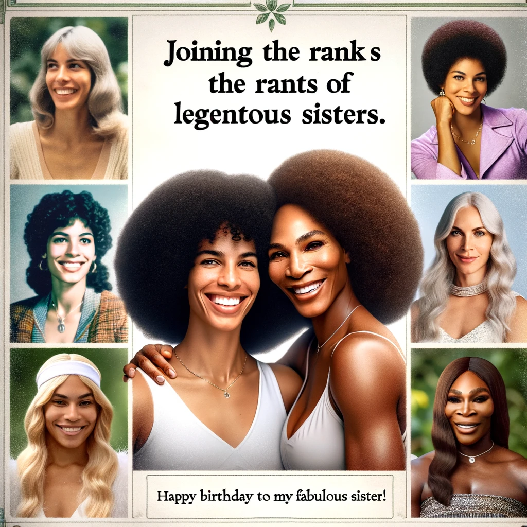 A collage of famous sister duos such as the Brontë sisters and Venus and Serena Williams. The last picture in the collage should be a placeholder image representing the user and their sister, showing two women smiling and posing together. The overall theme of the collage should convey inspiration and sisterly bond. Include a caption at the bottom reading, "Joining the ranks of legendary sisters. Happy Birthday to my fabulous sister!"