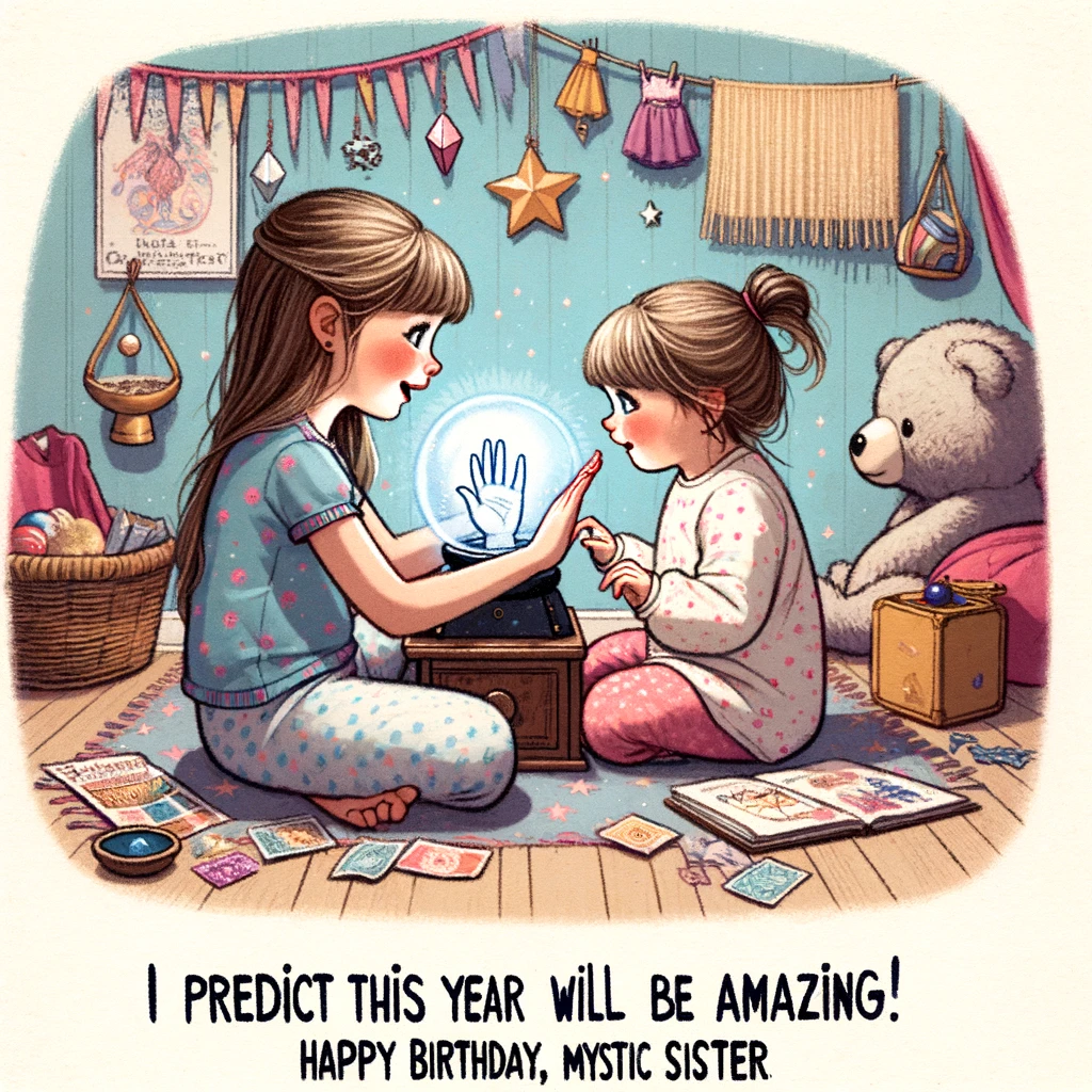An image depicting a playful scene where one sister is pretending to read the other's palm as children. They should appear in a cozy, imaginative setting, like a child's playroom. The palm reading should look humorous and exaggerated. The background can include elements like a crystal ball toy or a makeshift fort. Include a caption at the bottom that reads, "I predict this year will be amazing! Happy Birthday, Mystic Sister!"