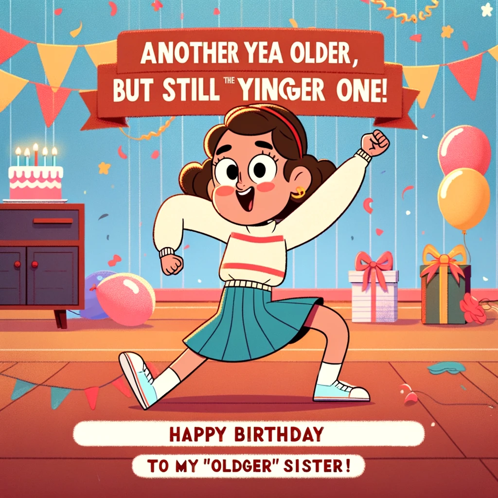 A comical gif of a younger sister doing a victory dance, celebrating her status as the younger sibling. She should be animated with joyful and exaggerated dance moves. The setting can be a festive background like a birthday party or a colorful room. Include party elements like balloons or a birthday cake. The caption at the bottom should read, "Another year older, but still the younger one. Happy Birthday to my 'older' sister!"