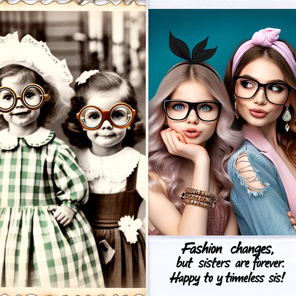 A collage of two photos. On the left, a vintage photo of two young sisters dressed in outdated, exaggeratedly old-fashioned clothes, with oversized glasses, and funny expressions. On the right, a modern photo of the same sisters, now adults, dressed in stylish, contemporary fashion, looking confident and fashionable. The two photos should contrast comically in style. Caption at the bottom: 'Fashion changes, but sisters are forever. Happy Birthday to my timeless sis!'