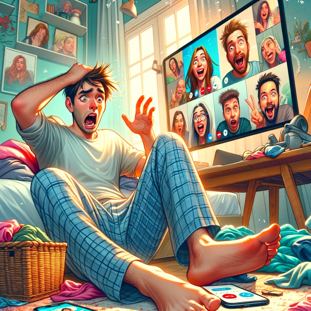 The scene depicts a humorous and relatable modern-day scenario. In the foreground, a person is in a casual setting, like lounging in bed or doing chores, with a background that suggests a cozy, informal home environment. This person has an expression of shock and panic, as they realize they have accidentally started a video call. Their smartphone or laptop screen is visible, showing the faces of several people on the other end of the call. These people display a range of expressions from surprise to amusement, capturing the unexpected and funny nature of the situation. The image is colorful, lively, and captures the essence of a relatable, everyday mishap in the digital age.