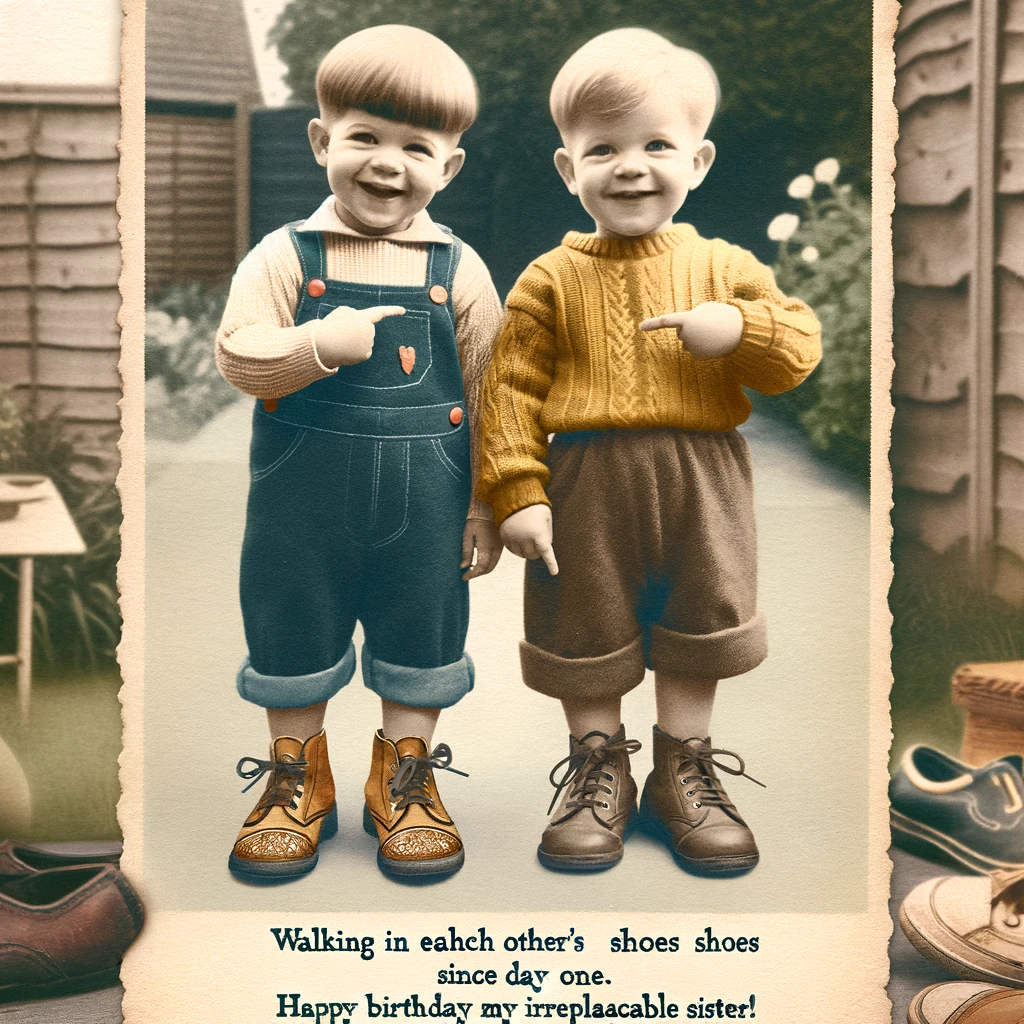 A childhood photo of two sisters, showing them wearing each other's shoes on the wrong feet. They should be standing side by side, smiling and pointing at their mismatched shoes. The background can be a typical home or garden setting, adding to the nostalgic feel. The image should convey a sense of innocence, fun, and the strong bond between the sisters. Caption at the bottom: 'Walking in each other's shoes since day one. Happy Birthday to my irreplaceable sister!'