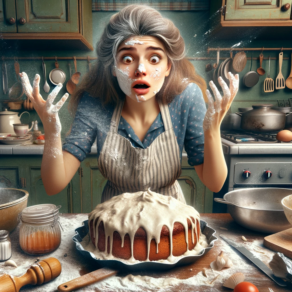 An image of a sister in the kitchen trying to cook or bake with a messy outcome. She should be wearing an apron, with flour on her face and hands, looking at a failed cake or dish with a humorous expression of surprise or dismay. The kitchen setting should be chaotic, with cooking utensils and ingredients scattered around. The image should capture the fun and experimental spirit of cooking. Caption at the bottom: 'Happy Birthday to the sister who always adds flavor to life (and sometimes too much salt).'